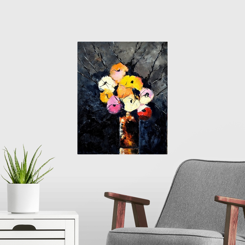A modern room featuring Contemporary painting of a vase of multi-colored flowers against a dark backdrop.