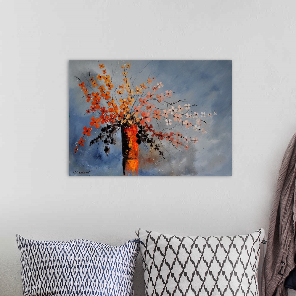 A bohemian room featuring A contemporary painting of a vase of autumn colored flowers.