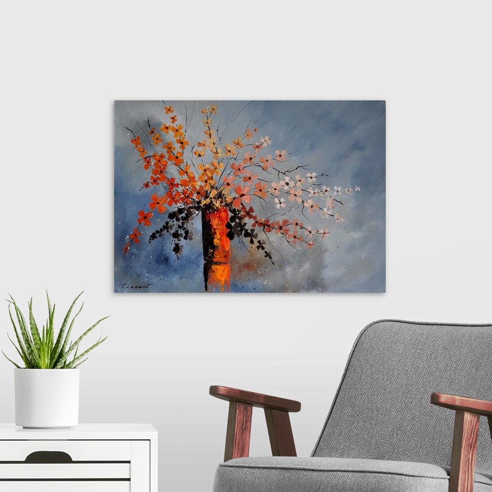 A modern room featuring A contemporary painting of a vase of autumn colored flowers.