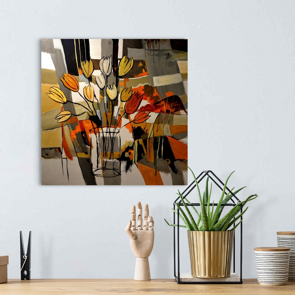 A bohemian room featuring Painting done in a cubism style of a large bouquet of flowers in colors of red, orange and yellow...