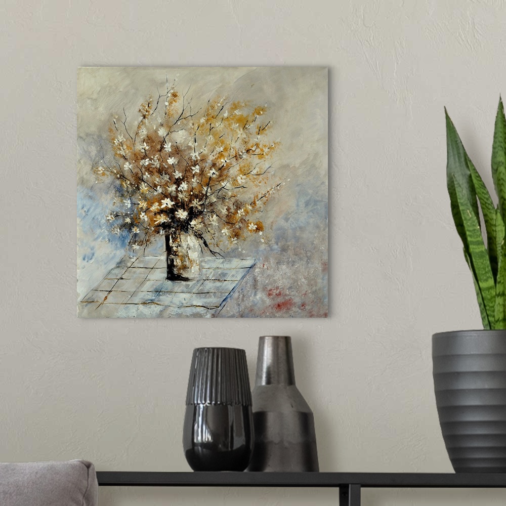 A modern room featuring Contemporary painting of a vase of small white flowers on a table against a neutral backdrop.