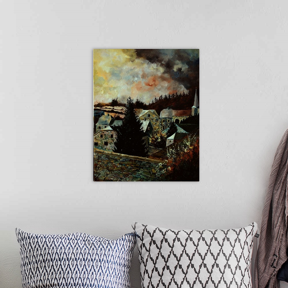 A bohemian room featuring A contemporary painting of a village encompassed by a dark, gloomy storm.
