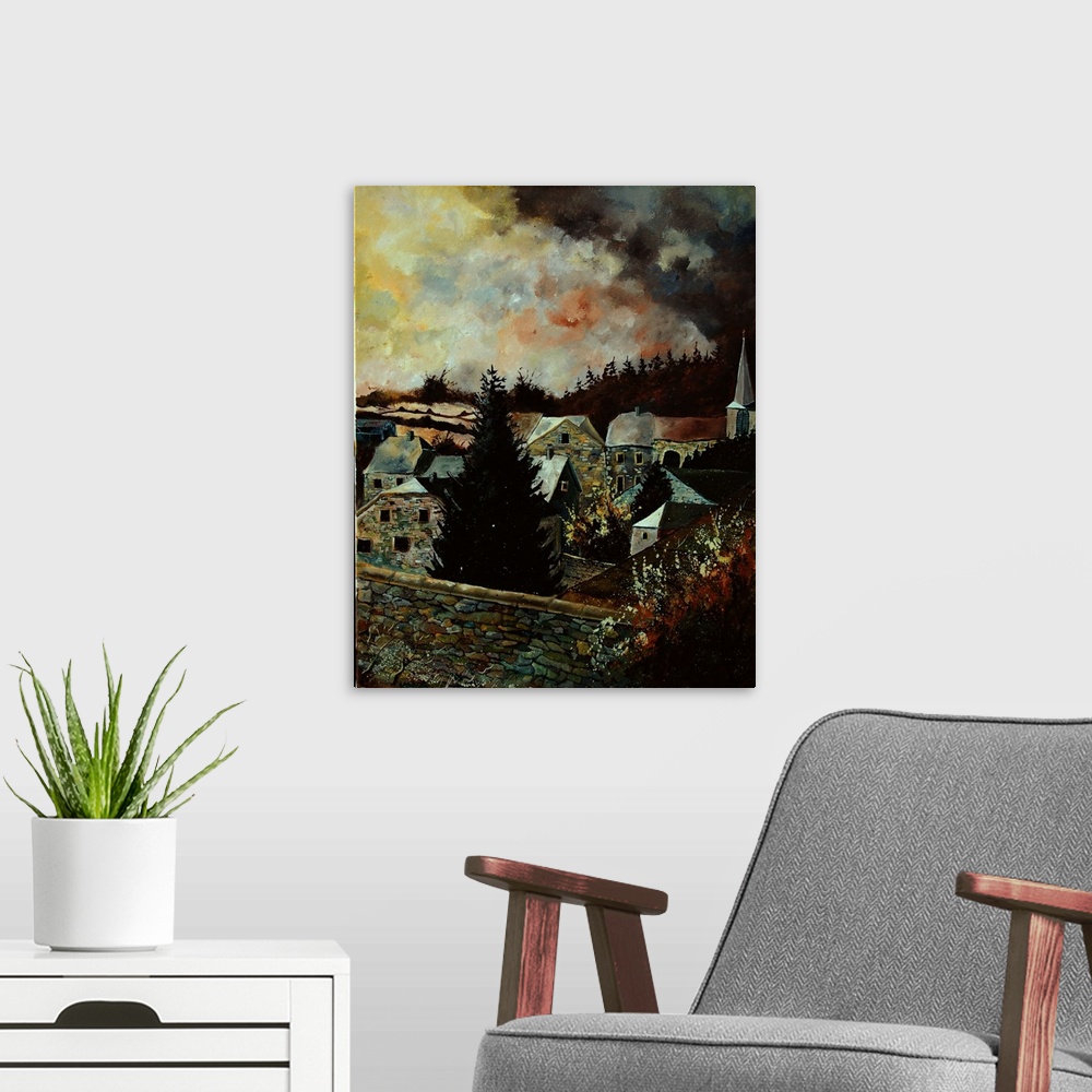 A modern room featuring A contemporary painting of a village encompassed by a dark, gloomy storm.