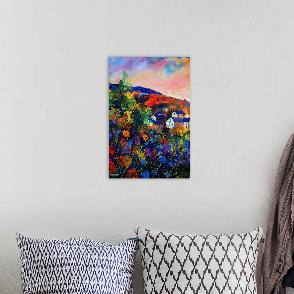 A bohemian room featuring Vertical painting of a field of flowers on a summer day with splatters of multi-color paint overl...