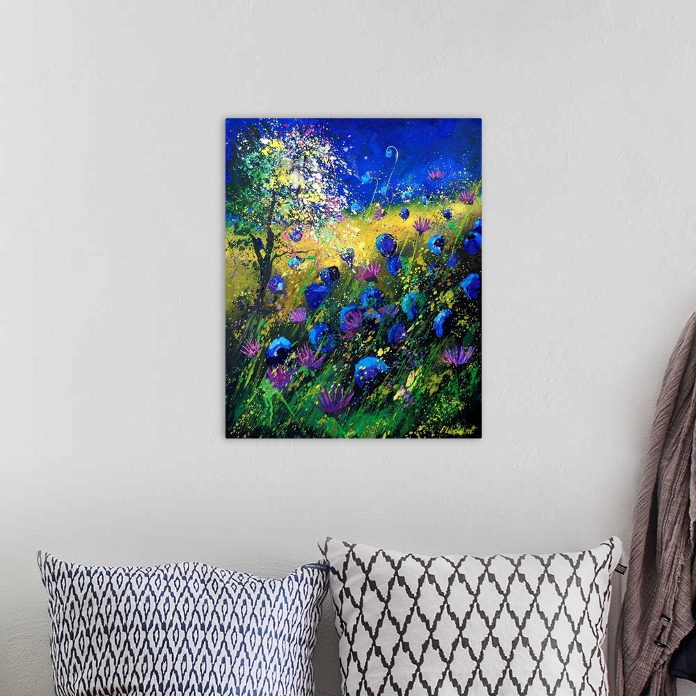 A bohemian room featuring Vertical painting of a field of flowers on a summer day with splatters of multi-color paint overl...