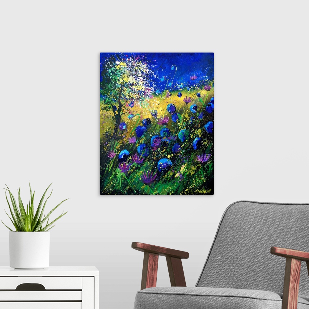 A modern room featuring Vertical painting of a field of flowers on a summer day with splatters of multi-color paint overl...