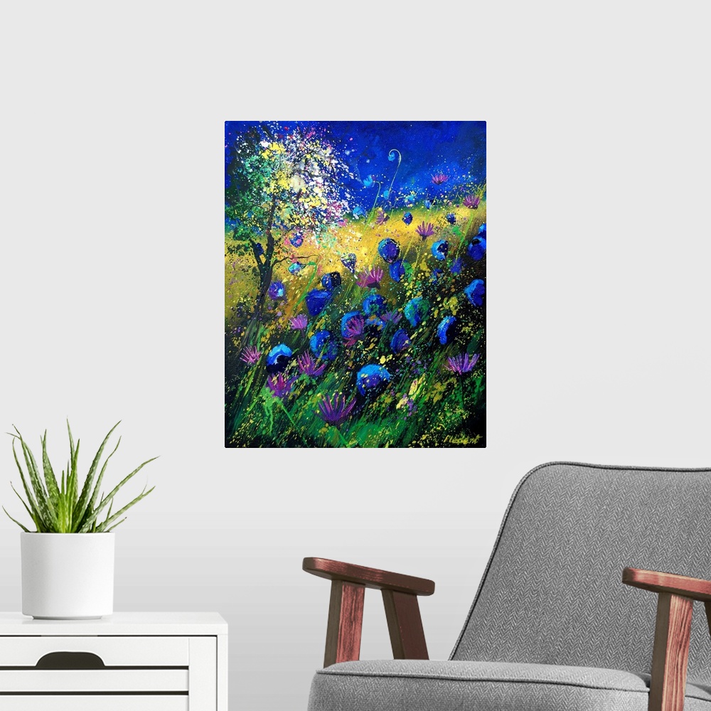 A modern room featuring Vertical painting of a field of flowers on a summer day with splatters of multi-color paint overl...