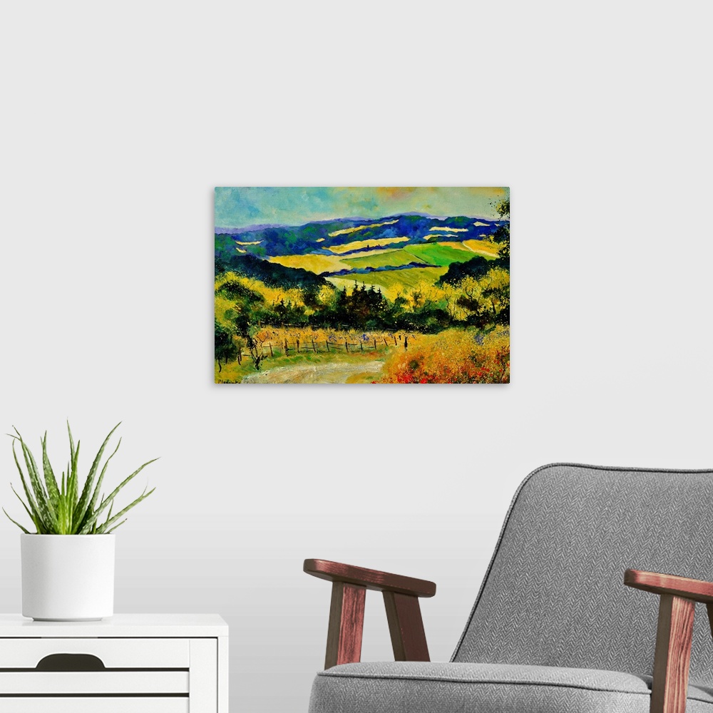A modern room featuring Horizontal landscape of rolling fields in vibrant colors on a summer day.