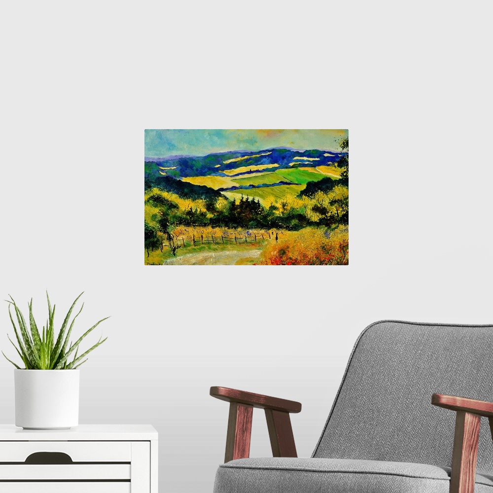 A modern room featuring Horizontal landscape of rolling fields in vibrant colors on a summer day.