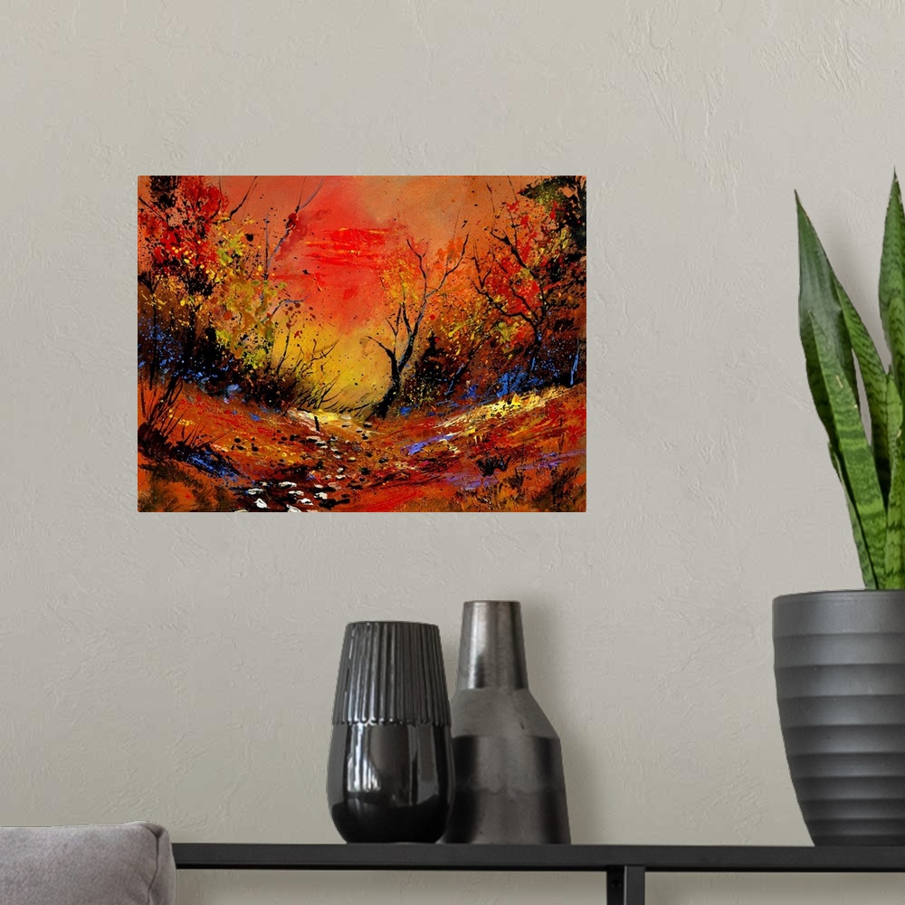 A modern room featuring Horizontal painting of a vibrant sunset in the country framed by blooming plants in warm colors.