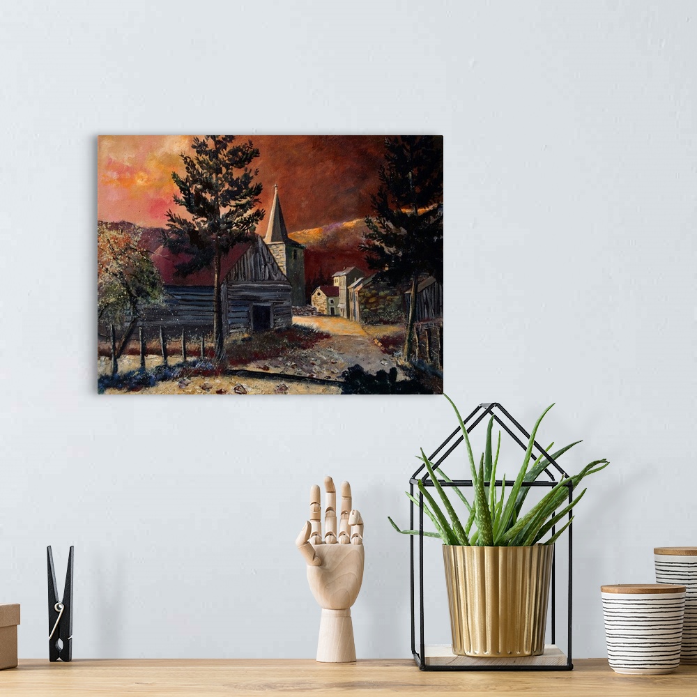 A bohemian room featuring Painting of a subtle sunset in the village of Vresse Ardennes, Belgium.