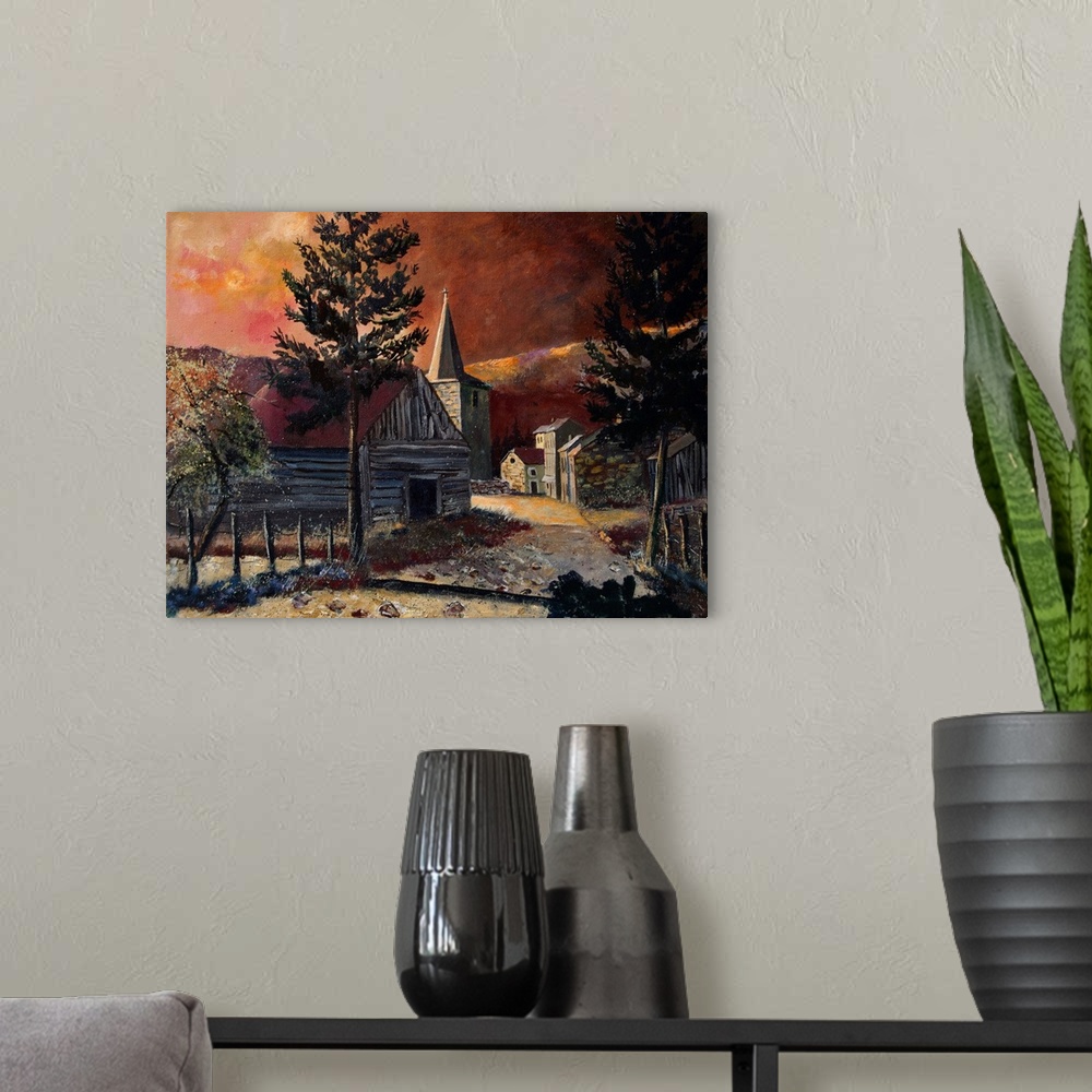 A modern room featuring Painting of a subtle sunset in the village of Vresse Ardennes, Belgium.