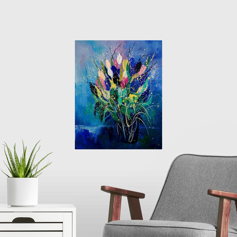 A modern room featuring Vertical painting of a bouquet of colorful tulips in a vase against a blue backdrop.