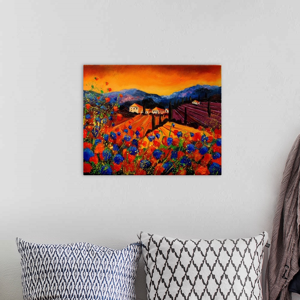 A bohemian room featuring Square painting of a vibrant landscape with red and blue poppies in the foreground and a bright w...