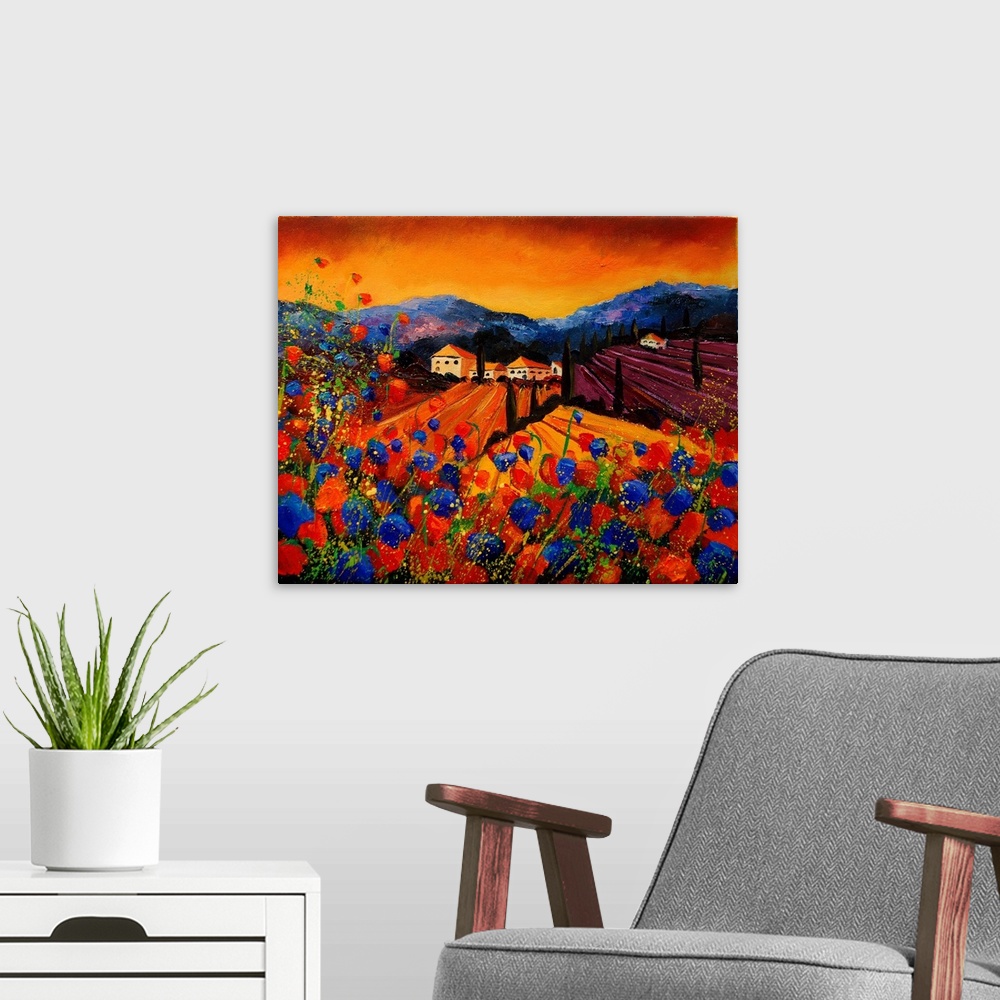 A modern room featuring Square painting of a vibrant landscape with red and blue poppies in the foreground and a bright w...