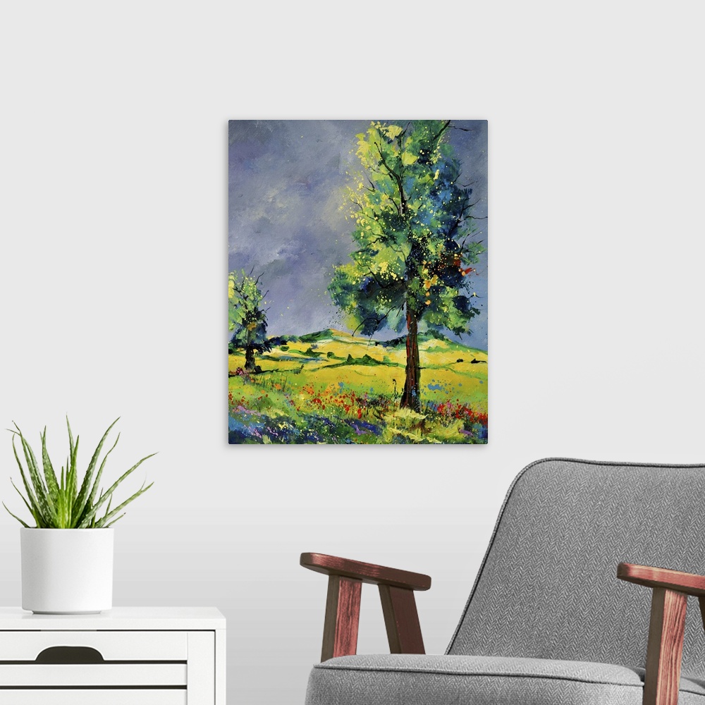 A modern room featuring Vertical painting of lively oak trees and rolling hills.