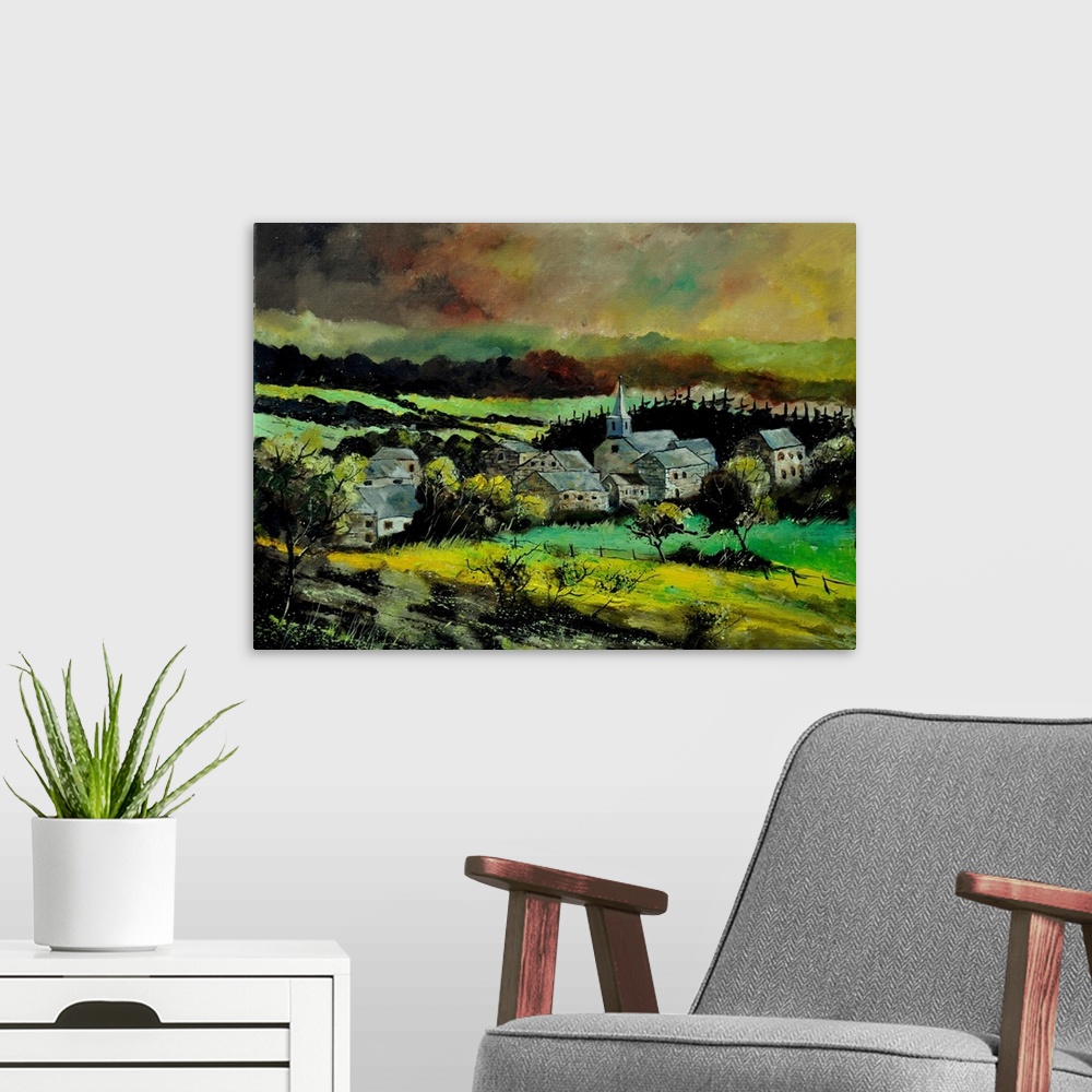 A modern room featuring Horizontal painting of a darkened landscape with a field in the foreground and a Belgium village ...