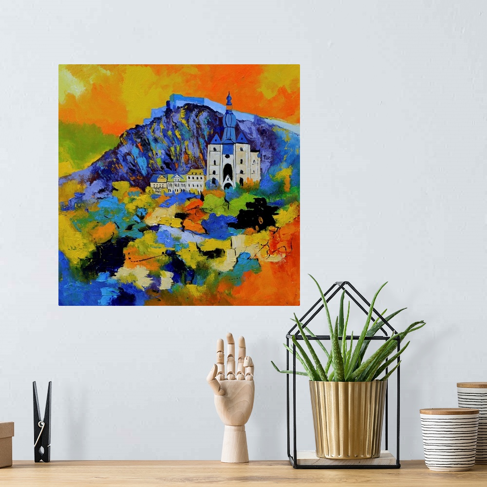 A bohemian room featuring Abstract representation of the city of Dinant, Belgium with Notre Dame de Dinant and surrounding ...