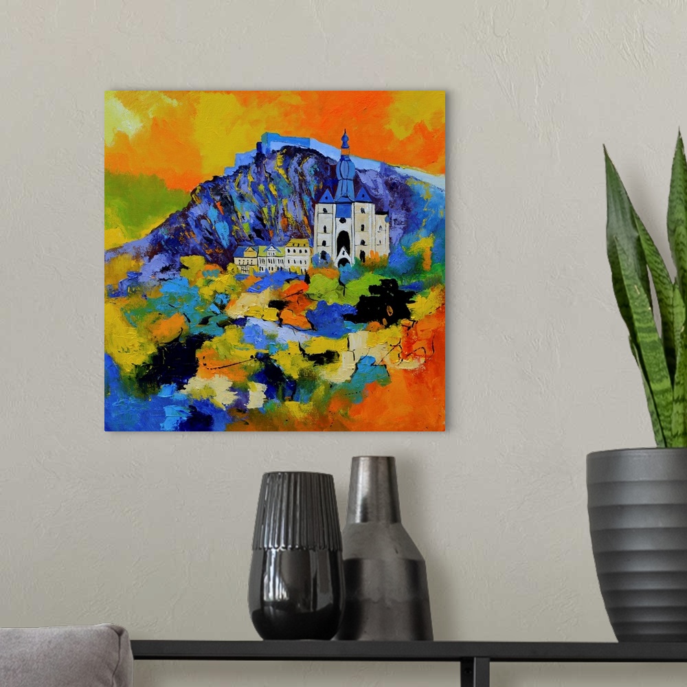 A modern room featuring Abstract representation of the city of Dinant, Belgium with Notre Dame de Dinant and surrounding ...