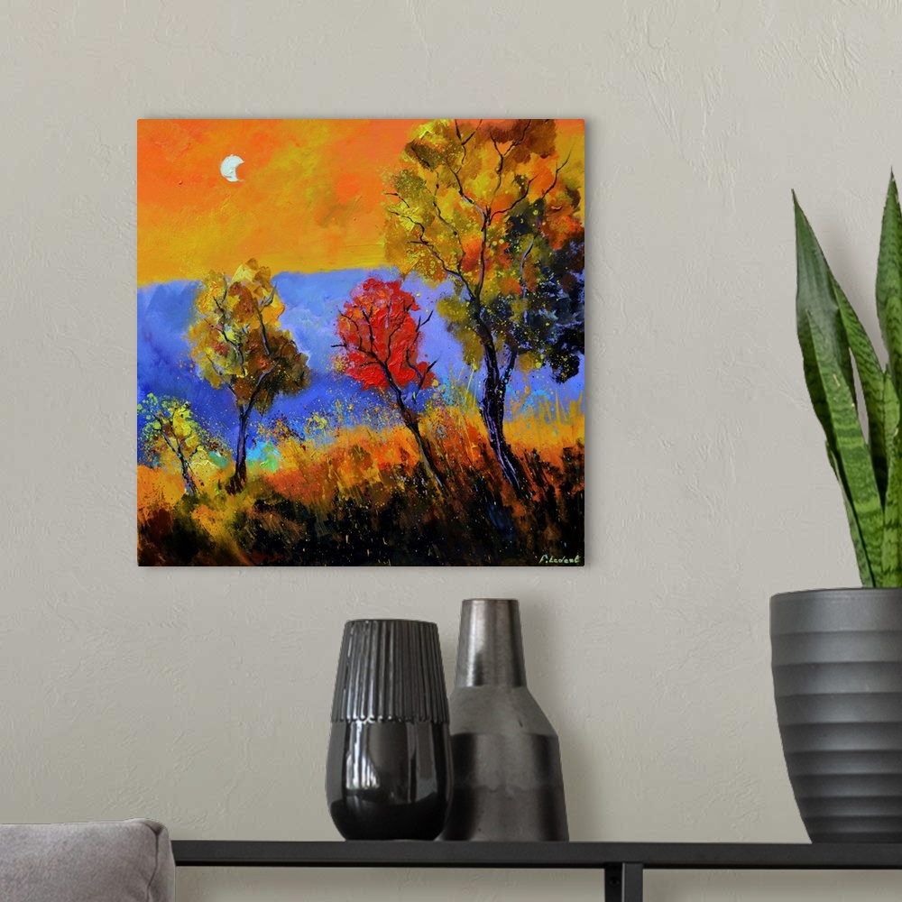 A modern room featuring Square painting with Autumn trees with a purple and orange background and a bright moon in the sky.