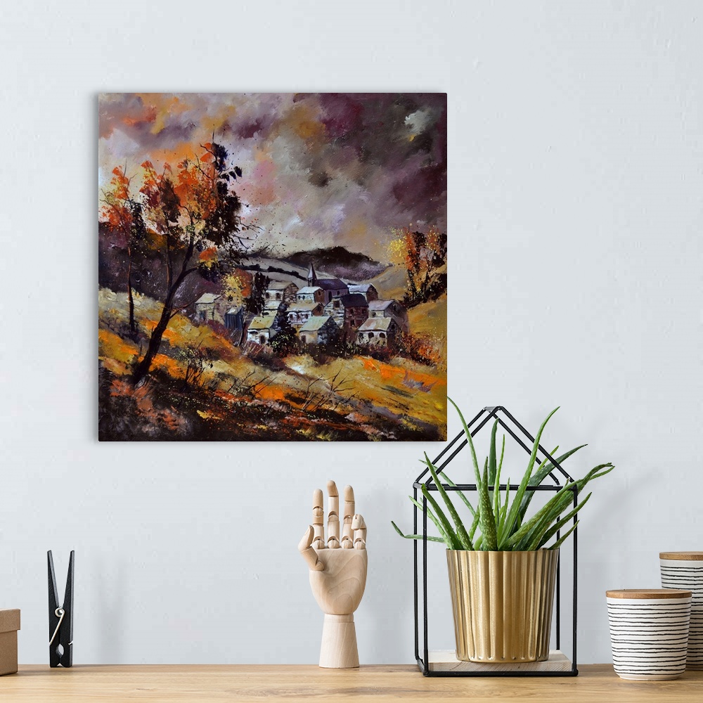 A bohemian room featuring Square painting of an overcast day with trees in a field, a cloudy sky, and a village in the dist...