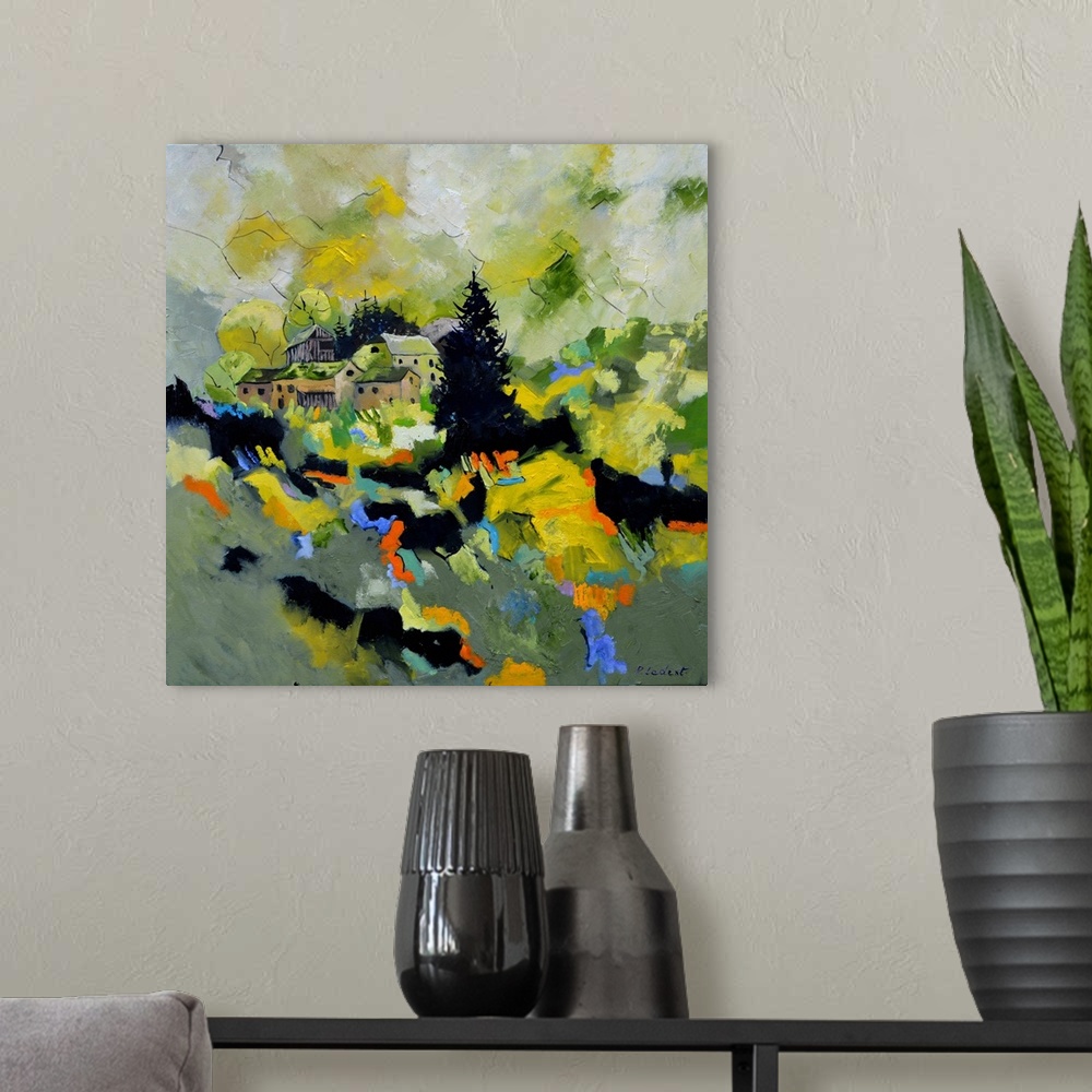 A modern room featuring Contemporary painting of a village in Belgium surrounded by an abstract landscape.