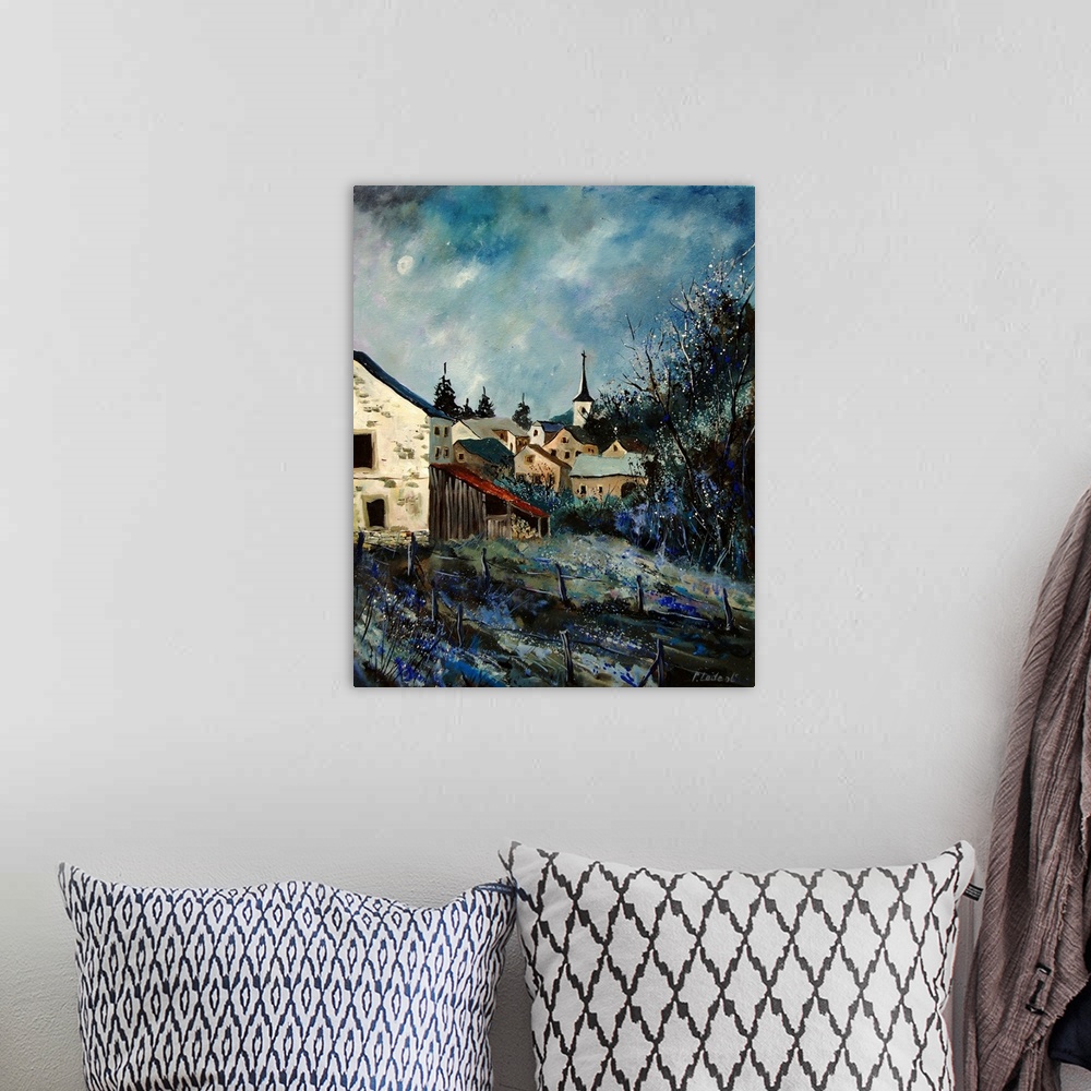 A bohemian room featuring Vertical painting of an overcast landscape of a Belgium village with rolling hills in the distance.