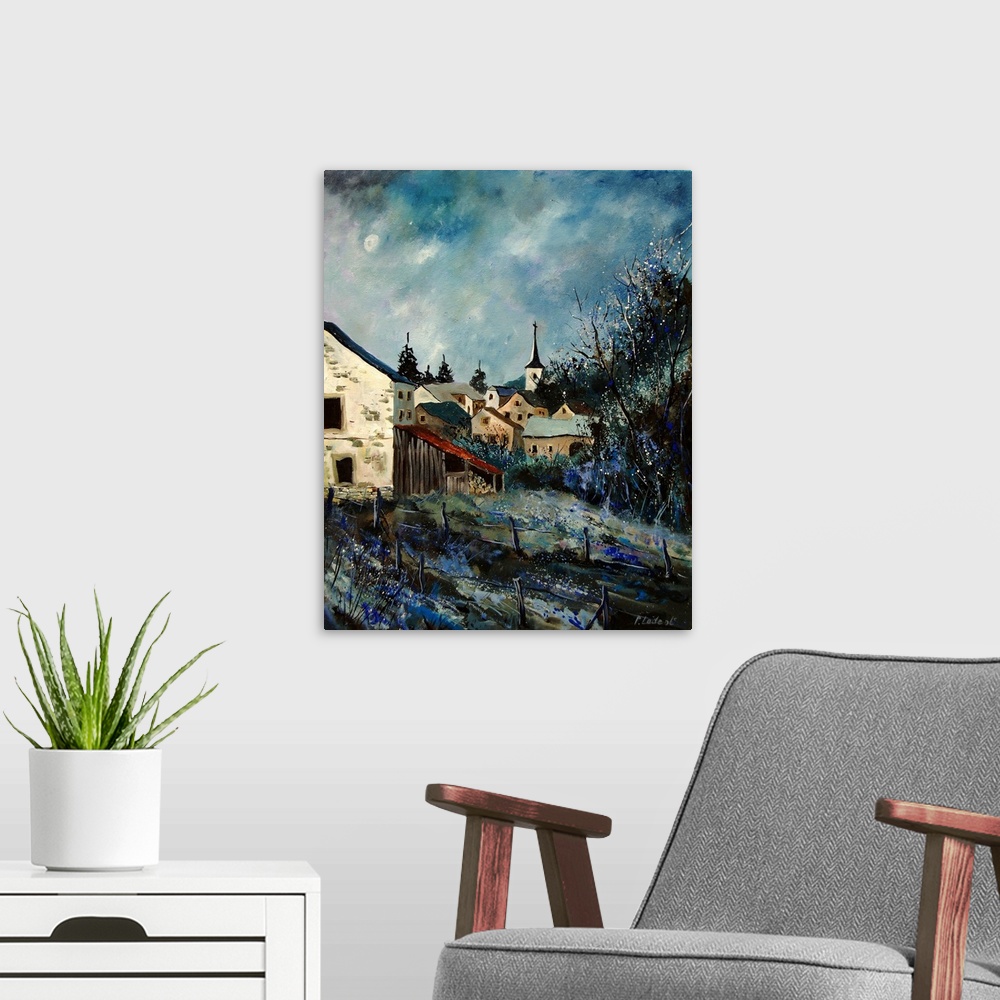 A modern room featuring Vertical painting of an overcast landscape of a Belgium village with rolling hills in the distance.