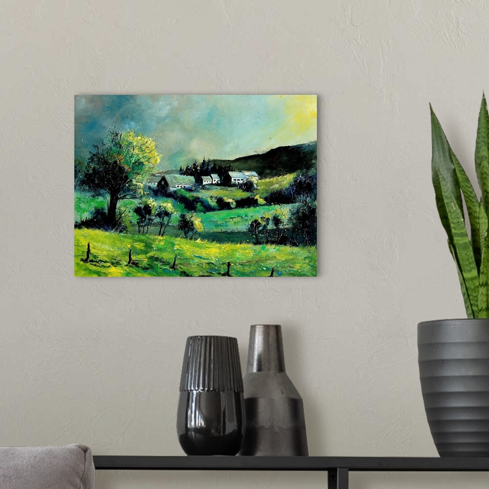A modern room featuring Horizontal painting of a spring landscape with rolling fields in the foreground and a Belgium vil...