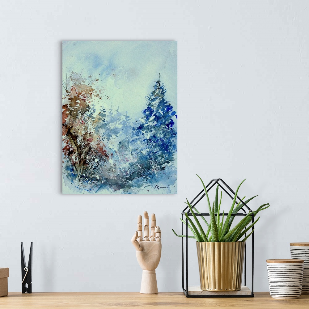 A bohemian room featuring Avertical watercolor landscape of a forest with muted speckled colors of brown and blue.