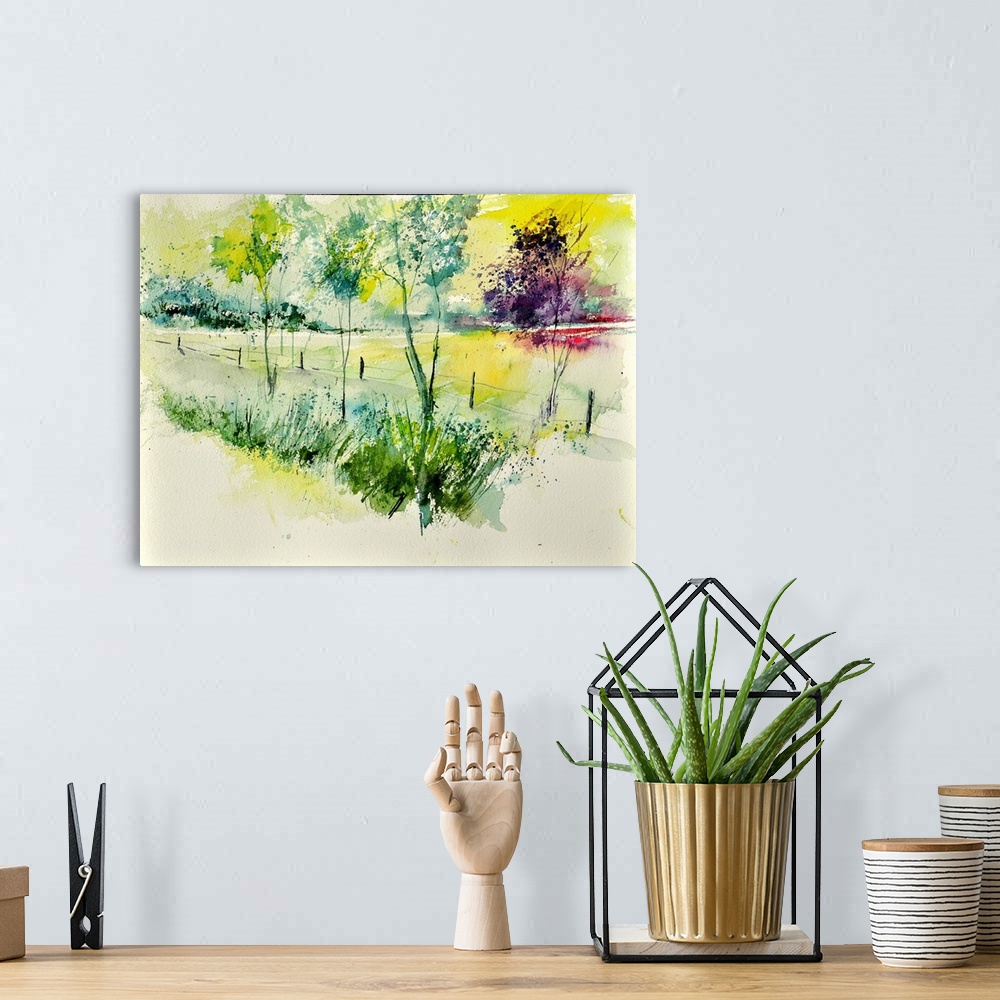 A bohemian room featuring A horizontal watercolor landscape of a fenced in filed with bright speckled colors of green, yell...