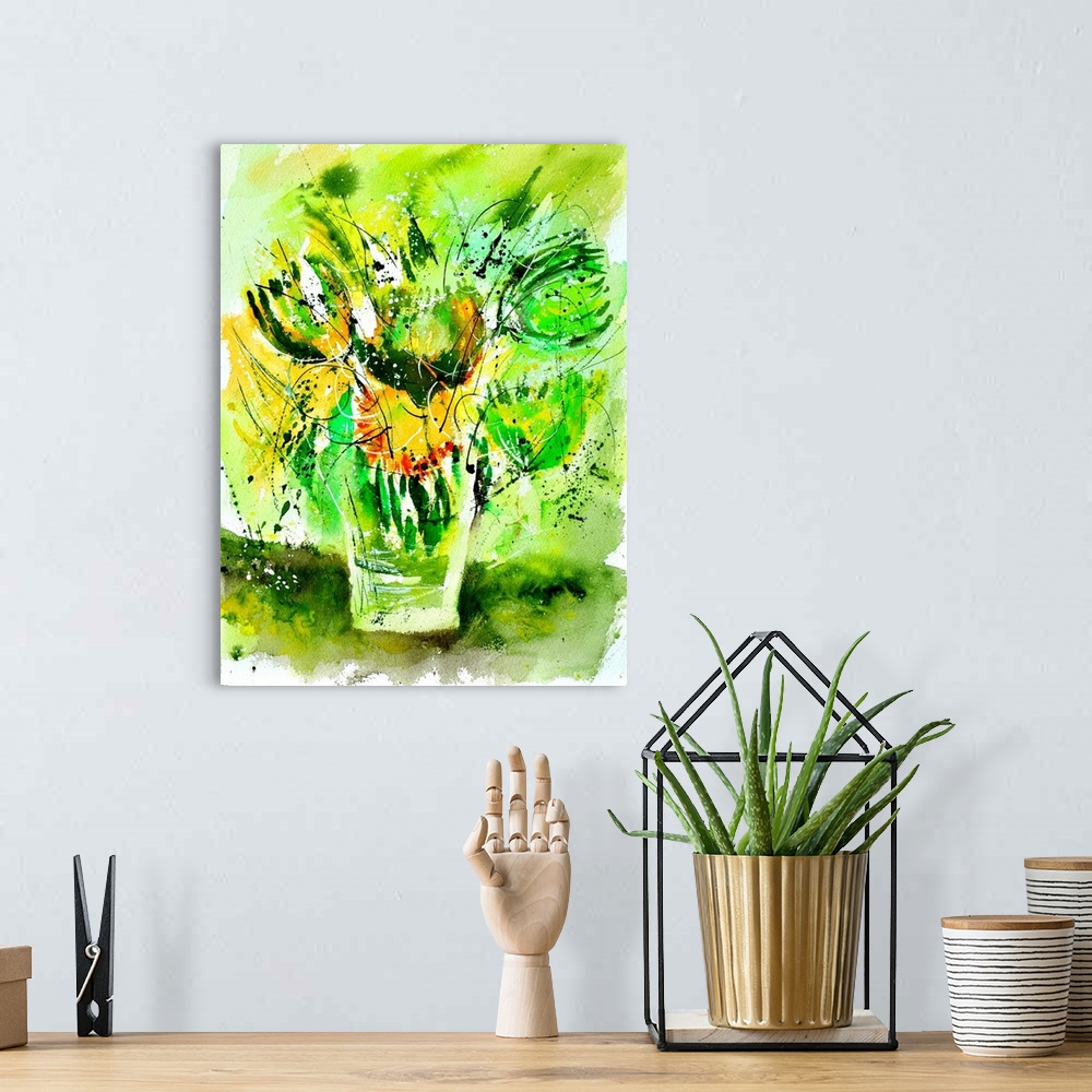 A bohemian room featuring A vertical abstract watercolor of a vase of flowers with vivid colors of green and yellow.