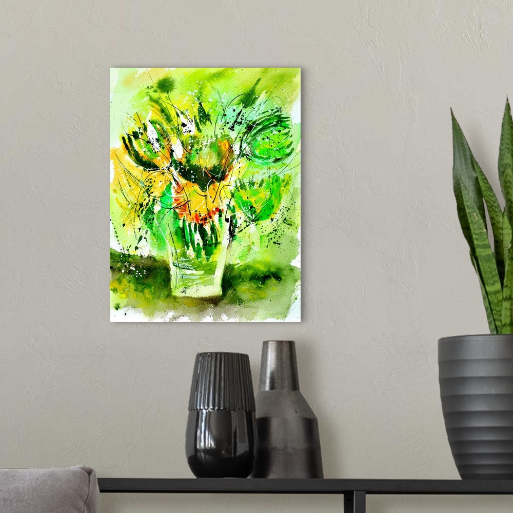 A modern room featuring A vertical abstract watercolor of a vase of flowers with vivid colors of green and yellow.