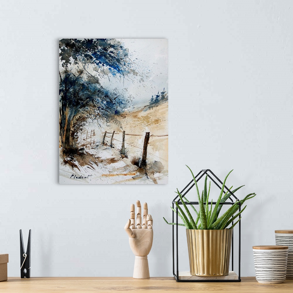 A bohemian room featuring A vertical watercolor painting of a fenced in field lined by trees in the countryside in natural ...