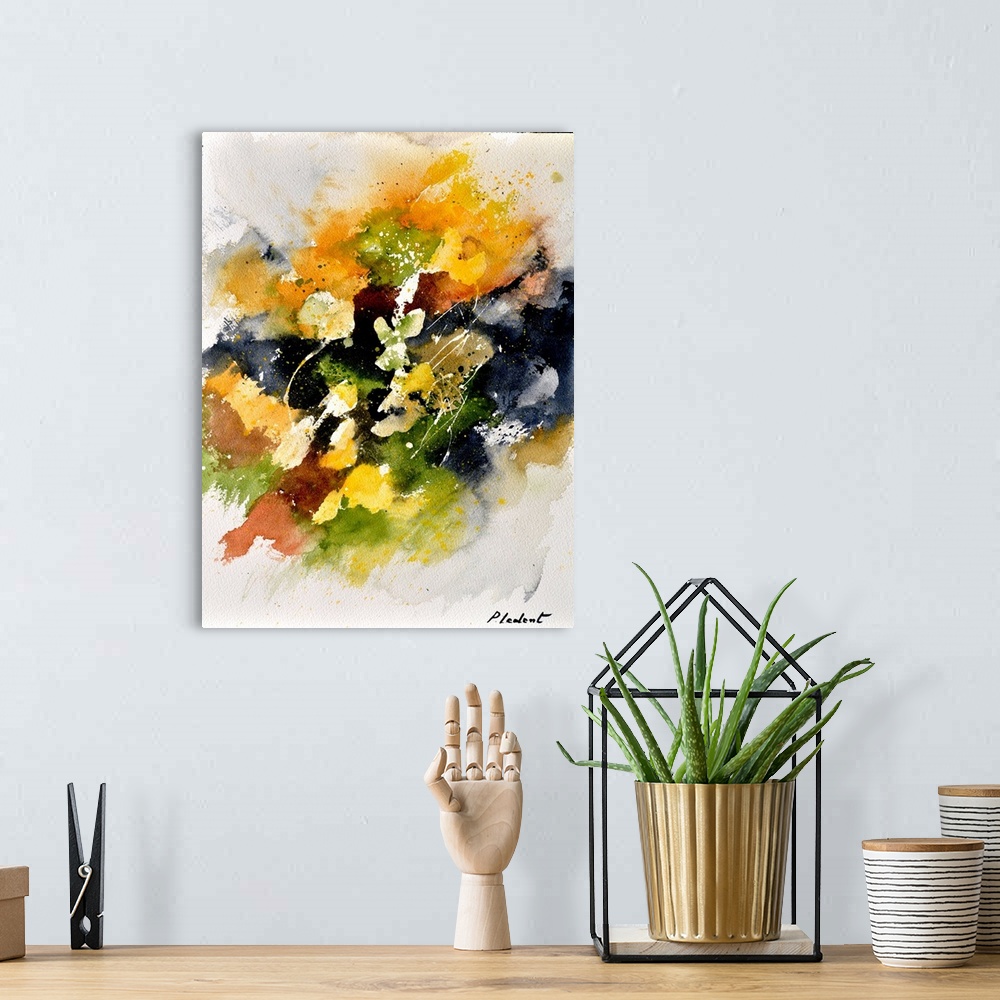 A bohemian room featuring Abstract watercolor painting with vibrant hues in shades of orange, yellow, green and white mixed...