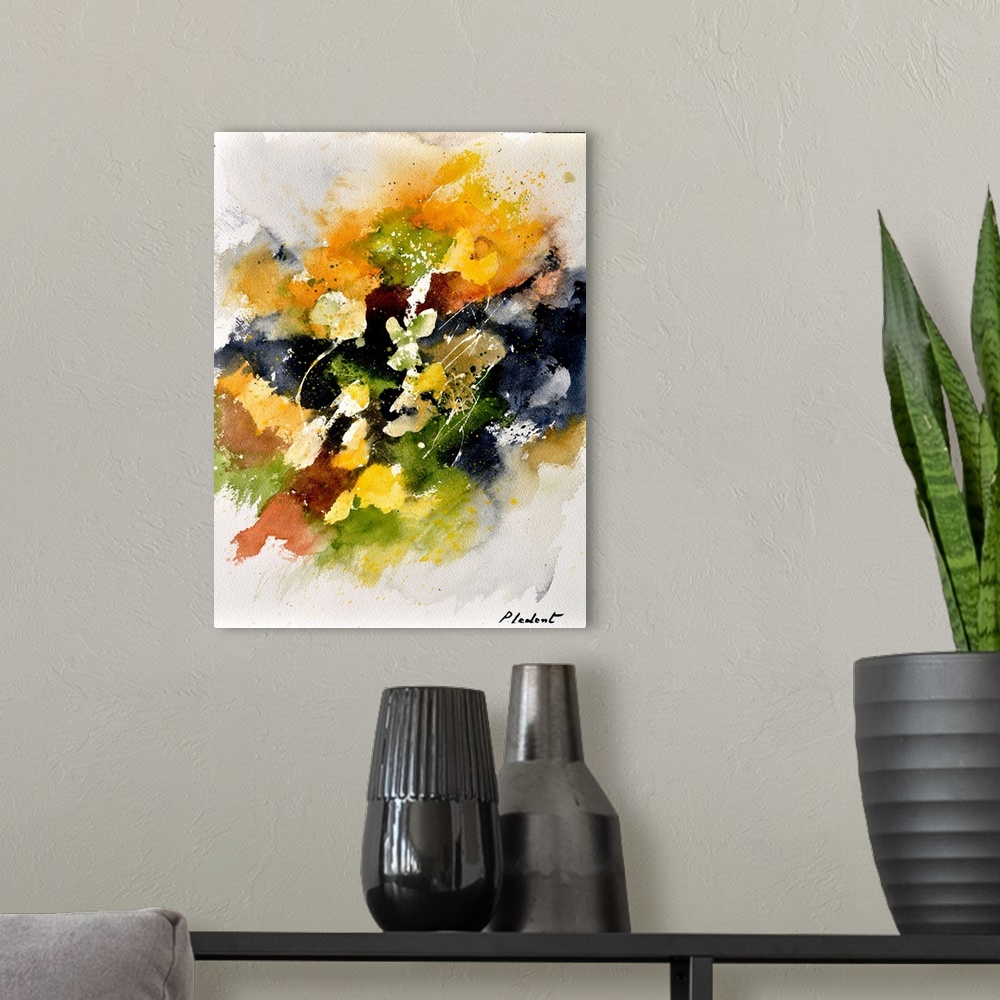 A modern room featuring Abstract watercolor painting with vibrant hues in shades of orange, yellow, green and white mixed...