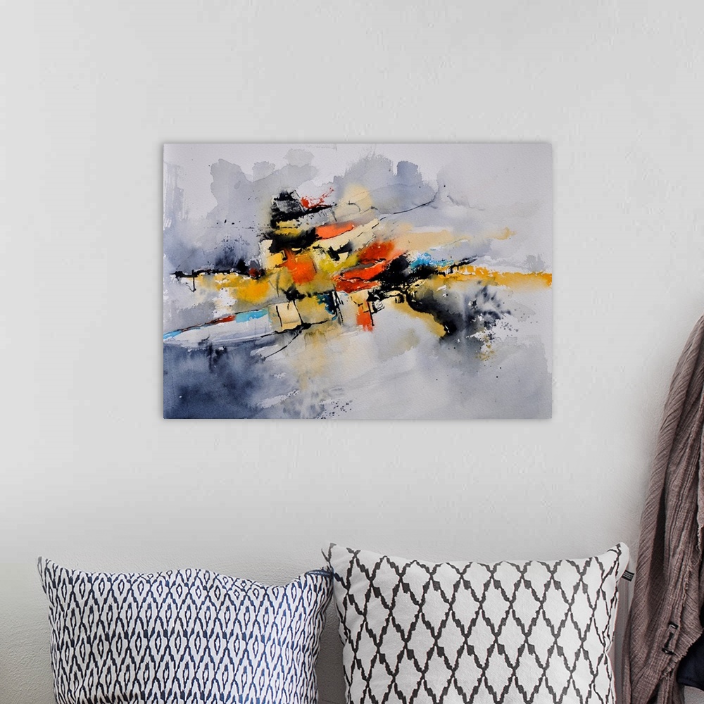 A bohemian room featuring Abstract watercolor painting in shades of orange, yellow and gray mixed in with black contrasting...