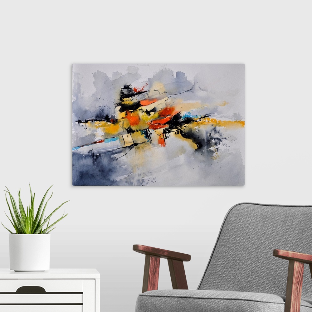 A modern room featuring Abstract watercolor painting in shades of orange, yellow and gray mixed in with black contrasting...