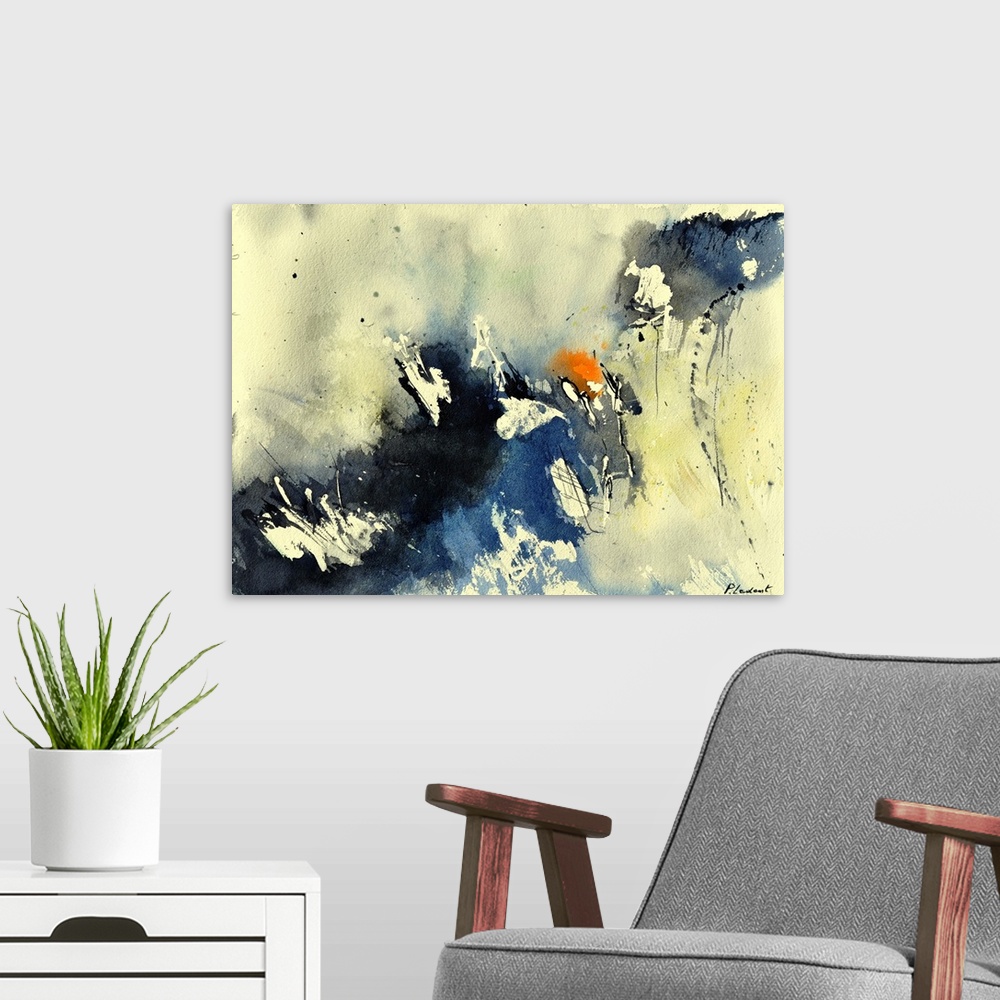 A modern room featuring A horizontal abstract painting in shades of black, blue, orange and yellow with splatters of pain...
