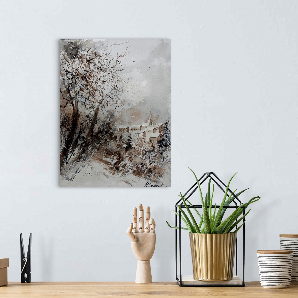 A bohemian room featuring A muted watercolor painting of a village covered in snow.