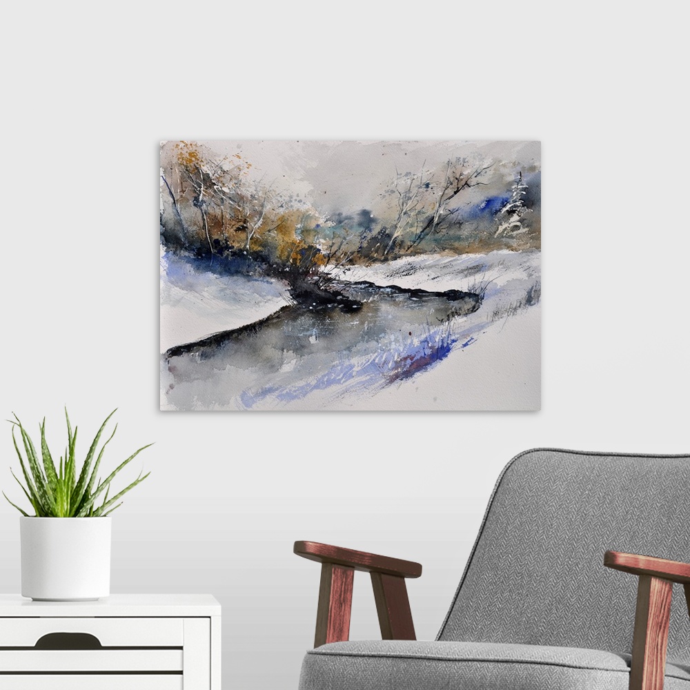 A modern room featuring Horizontal watercolor painting of a river winding through the woods in neutral colors of gray, bl...