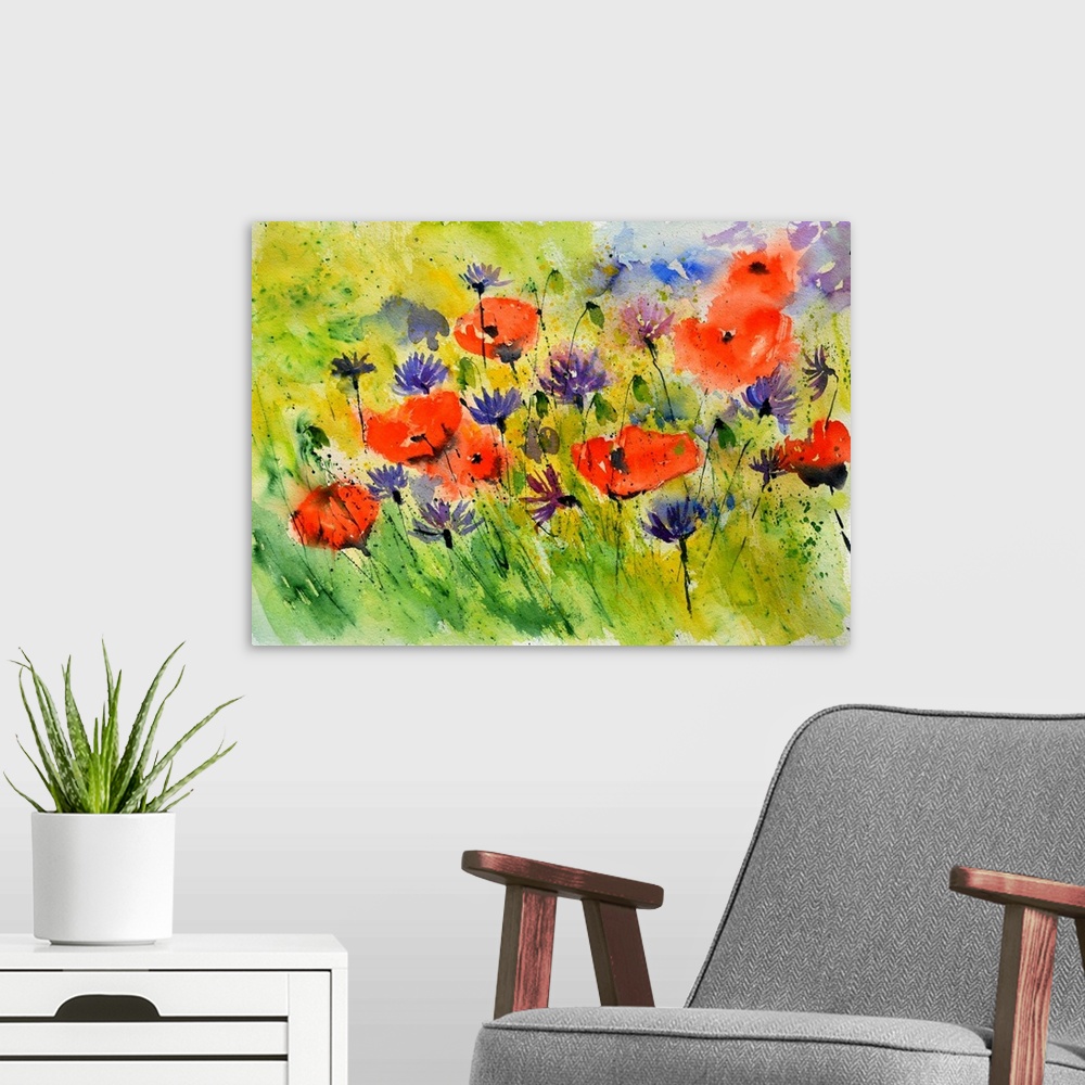 A modern room featuring Horizontal watercolor painting of bright red poppies and purple flowers in a field.