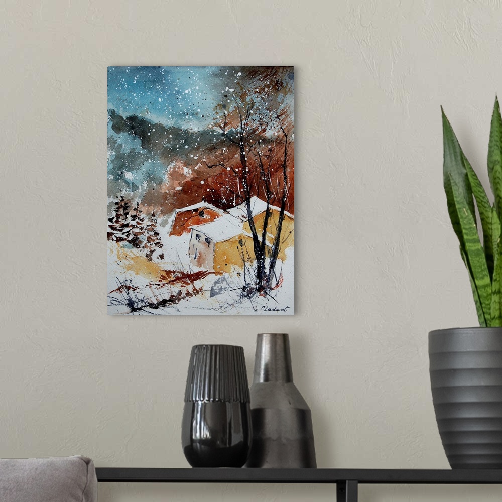 A modern room featuring A vertical abstract watercolor of a village with colors of brown, orange and blue.
