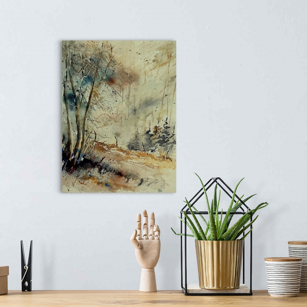 A bohemian room featuring A vertical watercolor painting of a line of trees in the countryside in natural colors of brown, ...