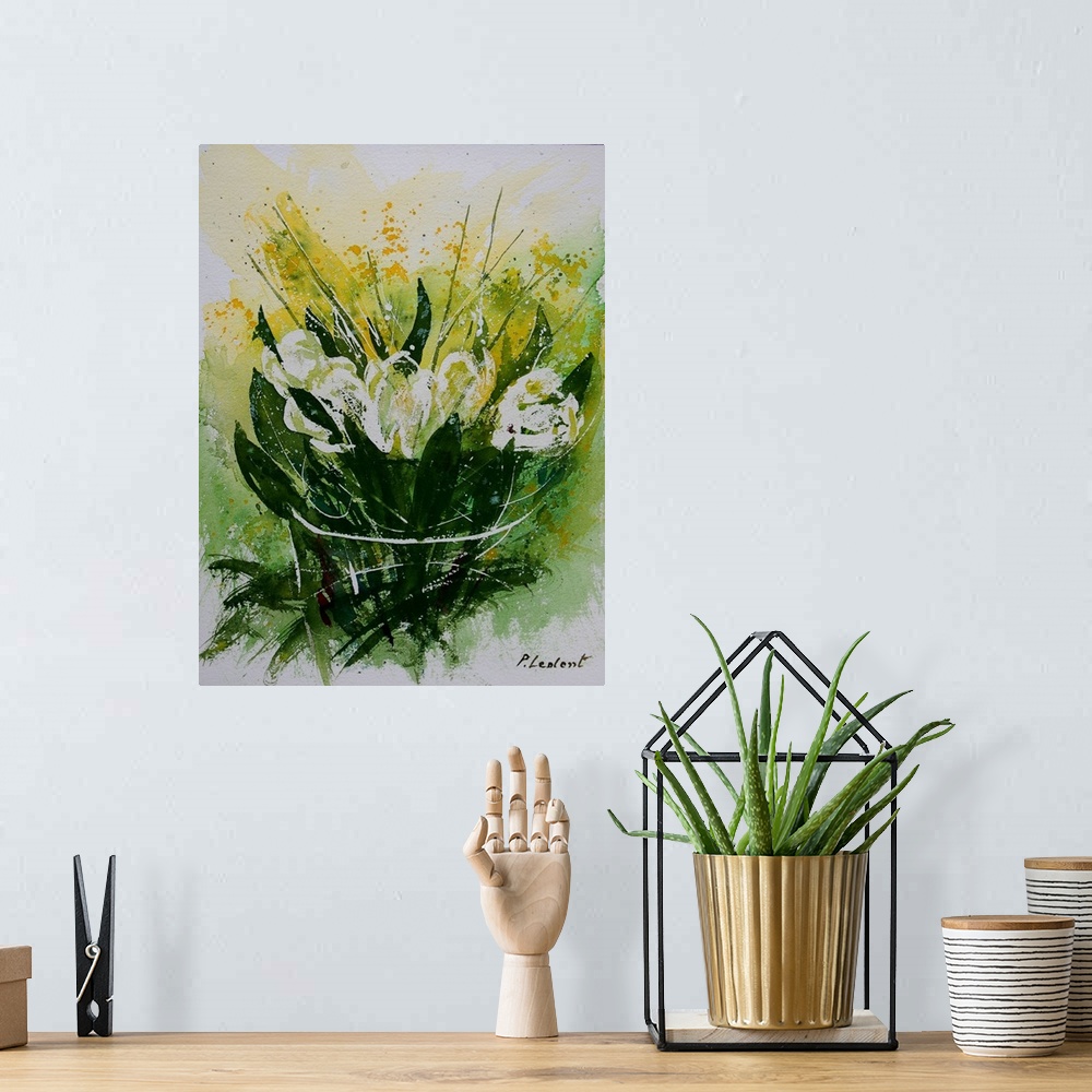 A bohemian room featuring Vertical watercolor painting of a bouquet of white tulips against a green, yellow and white backd...