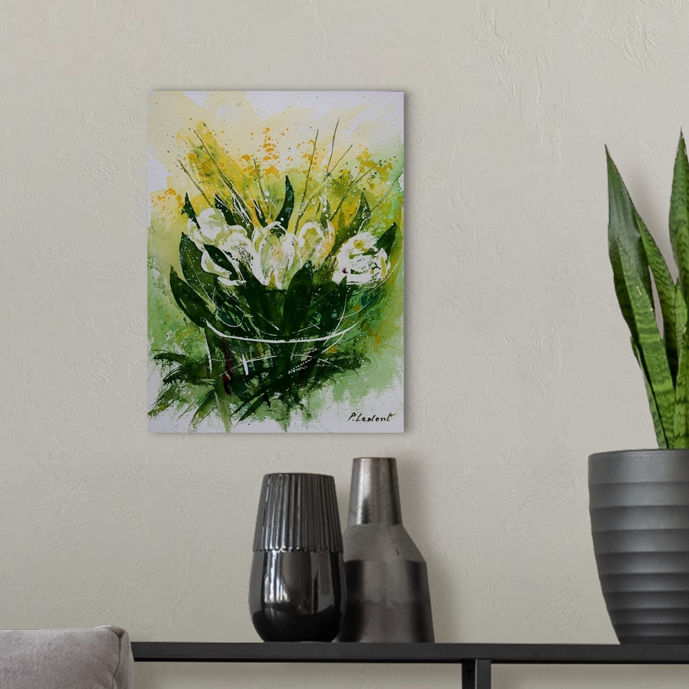 A modern room featuring Vertical watercolor painting of a bouquet of white tulips against a green, yellow and white backd...