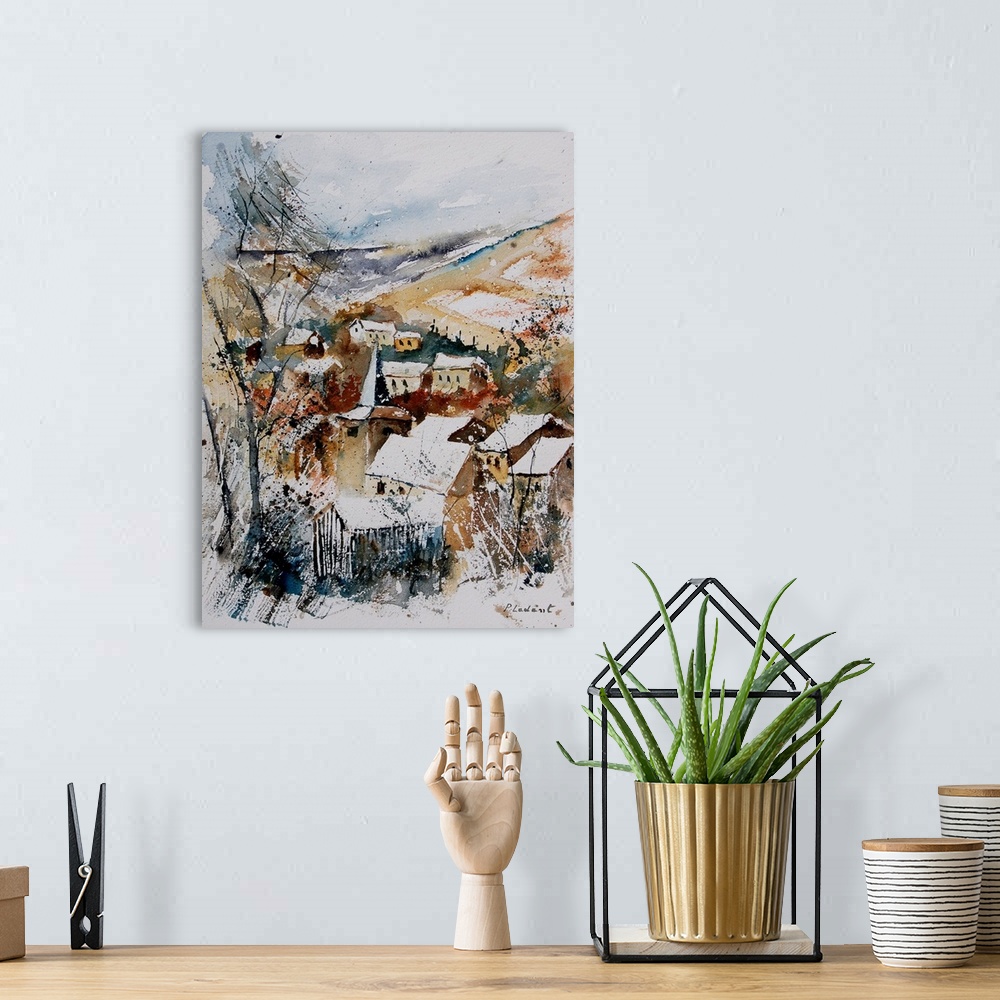 A bohemian room featuring A vertical watercolor painting of a village in Belguim, done in natural colors of gray, brown and...