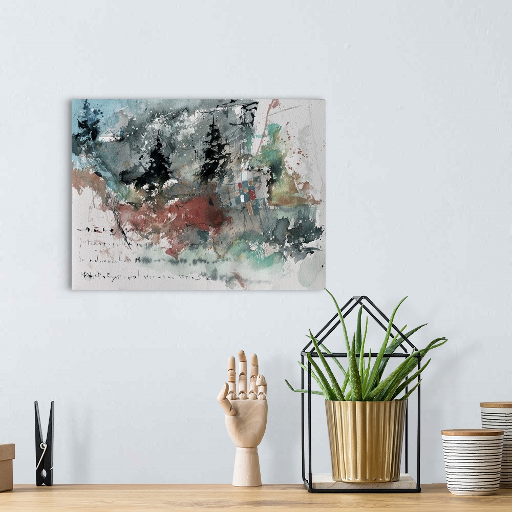 A bohemian room featuring A watercolor abstract painting in dark shades of black, green, red and yellow with splatters of p...