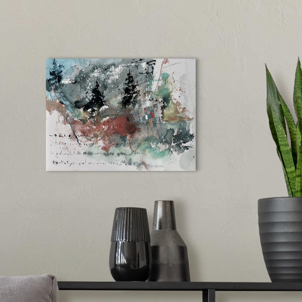 A modern room featuring A watercolor abstract painting in dark shades of black, green, red and yellow with splatters of p...