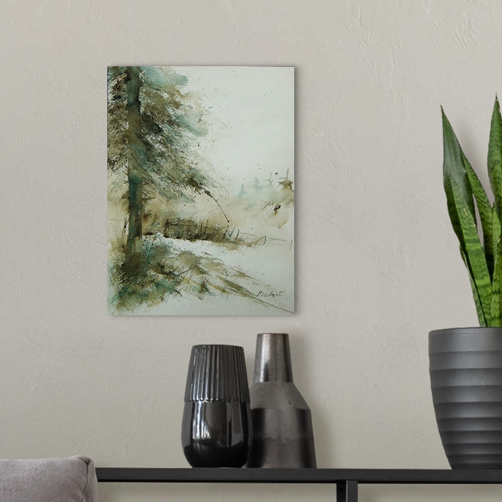 A modern room featuring A vertical watercolor painting of a line of trees in the countryside in natural colors of brown, ...